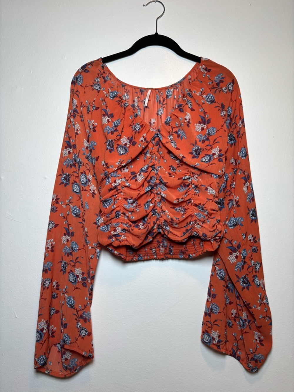 Free People Rust Orange Floral Ruched Long-Sleeve Blouse